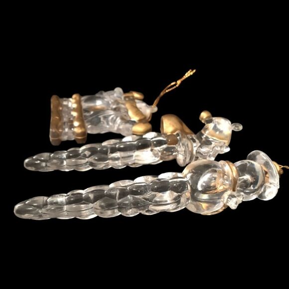 Acrylic Icicle Ornaments Lot x 3 Snowman Santa Claus Gold Trimmed Clear Lucite. - Picture 13 of 16